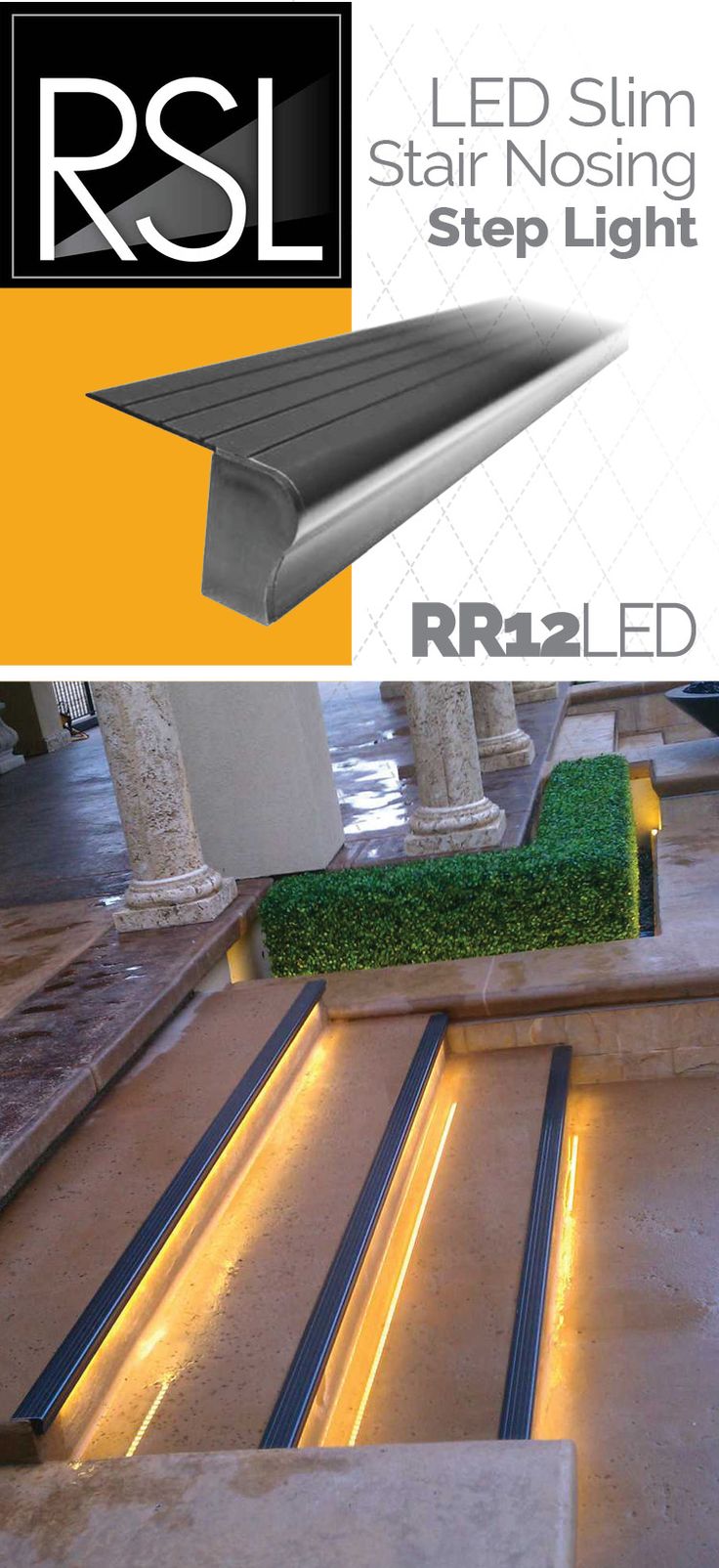 an advertisement for the r & l led stair nosing step light is shown in black and white