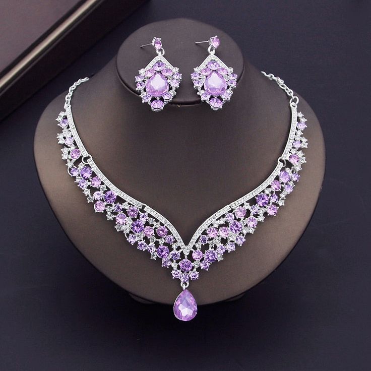 Luxury Purple Crystal Bridal Jewelry Sets for Women Crown Earring Neck – TulleLux Bridal Crowns & Accessories Elegant Jeweled Crystal Jewelry Sets, Elegant Crystal Jeweled Jewelry Sets, Purple Crystal Jewelry Sets For Wedding, Purple Diamond Necklaces For Wedding, Purple Diamond Necklace For Wedding, Purple Diamond Wedding Necklace, Formal Crystal Jewelry Sets With Jeweled Details, Formal Jeweled Crystal Jewelry Sets, Formal Crystal Jeweled Jewelry Sets