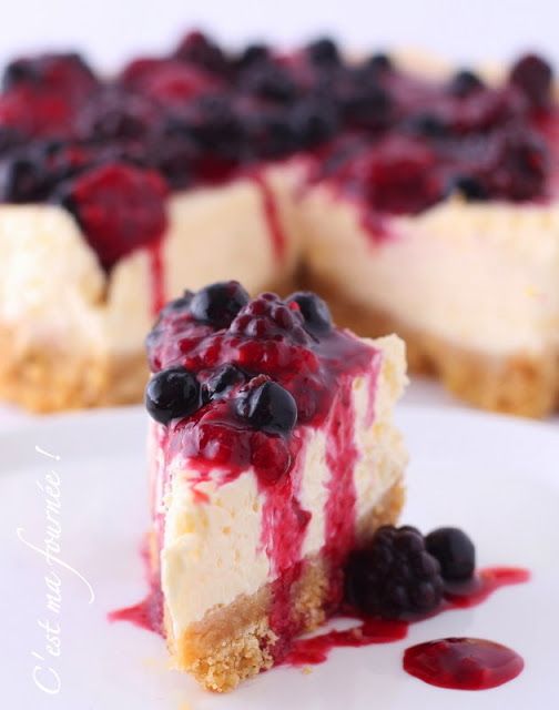 a piece of cheesecake with berries and blueberries on it