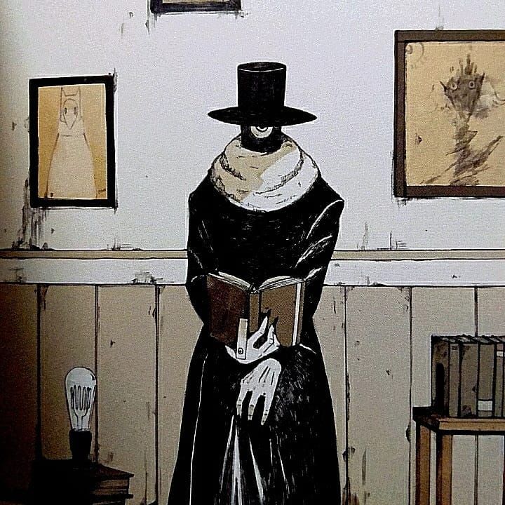 a painting of a woman in a black dress and top hat with an open book