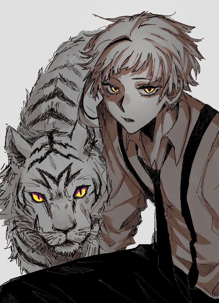 an anime character with yellow eyes next to a white tiger