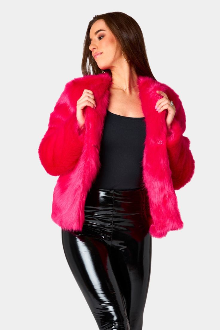 BuddyLove | Baddie Faux Fur Jacket | Hot Pink Pink Faux Fur Jacket, Fur Winter Coat, Cropped Faux Fur Coat, Sequin Short Dress, Half Jacket, Winter Fur Coats, Pink Fur, Pink Faux Fur, Open Front Jacket