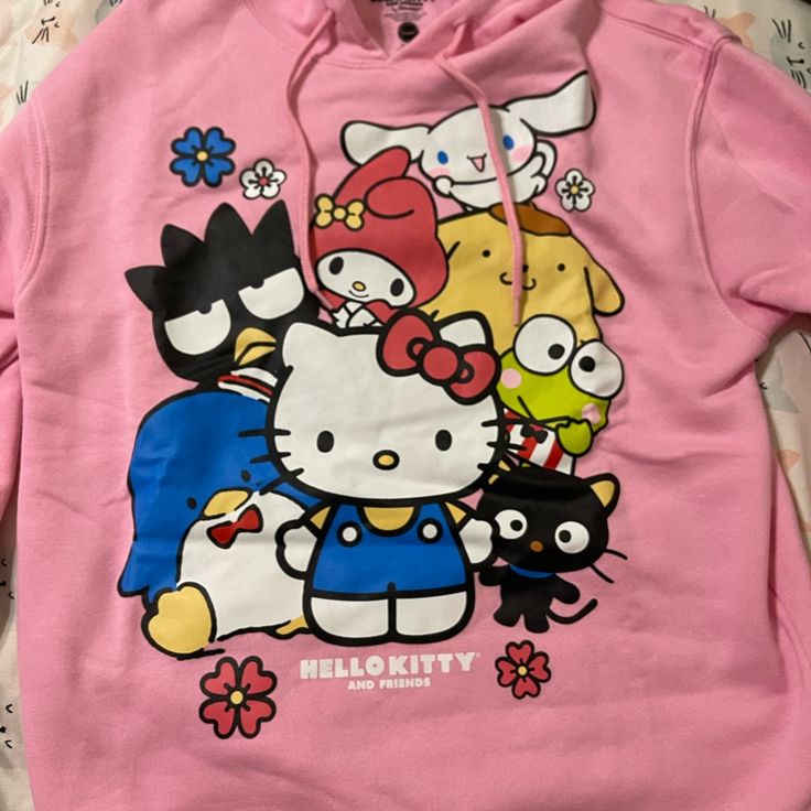 Nwt Never Worn Sanrio Hello Kitty & Friends Pink Hooded Sweatshirt Size Small Pink Kawaii Sweatshirt With Drawstring Hood, Cute Hooded Top With Graphic Print, Harajuku Style Pink Hooded Top, Harajuku Style Hooded Pink Top, Pink Kawaii Hooded Top, Pink Hooded Kawaii Tops, Pink Character Print Tops For Winter, Pink Character Print Top For Winter, Pink Winter Hoodie With Character Print