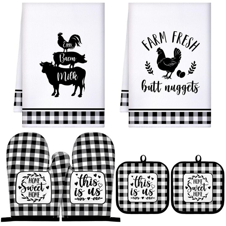 kitchen towels and oven mitts with farm fresh sayings on the front, black and white gingham checkered design