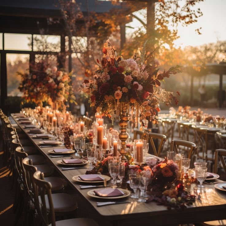 a long table is set with candles and flowers for an elegant wedding reception at sunset