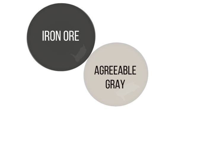 two black and white buttons that say iron - oree and agreeable gray on them