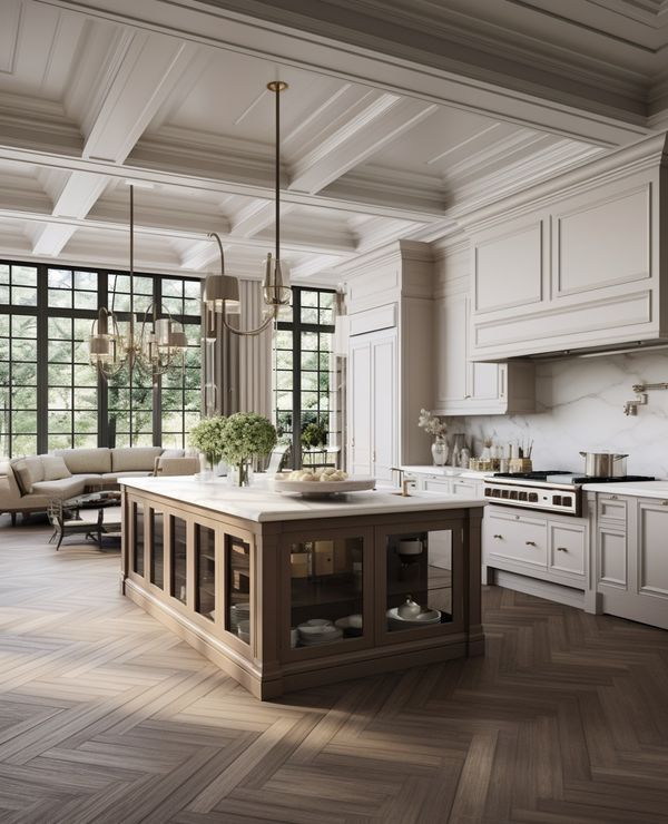 a large kitchen with white cabinets and wood flooring is pictured in this image, there are two chandeliers hanging from the ceiling