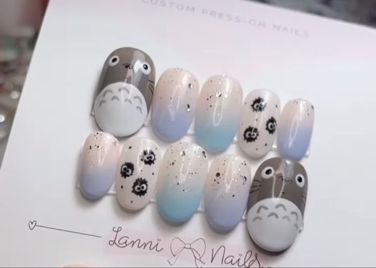 Totoro Nails Designs, Short Japanese Nails, Totoro Nail Art, Ghibli Nail Art, Studio Ghibli Nail Art, Nature Nail Art, Totoro Nails, Studio Ghibli Nails, Ghibli Nails