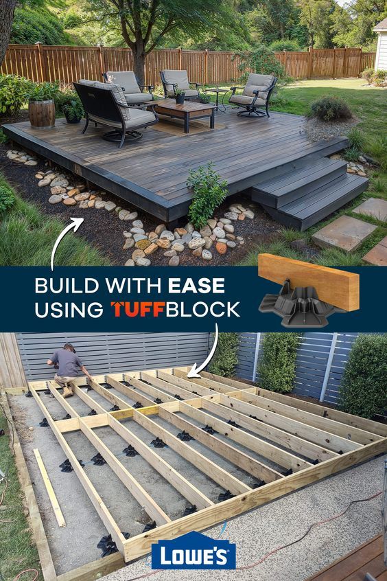 an image of a deck being built in the backyard with instructions to build it and how to use it