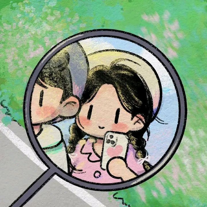 a drawing of two people looking at their reflection in a magnifying glass on a green background