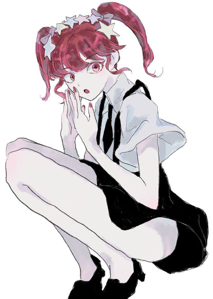 a drawing of a woman with red hair and black dress sitting on the ground holding her hands to her face