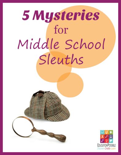 a hat and magnifying glass with the words 5 mysteryes for middle school sleuths