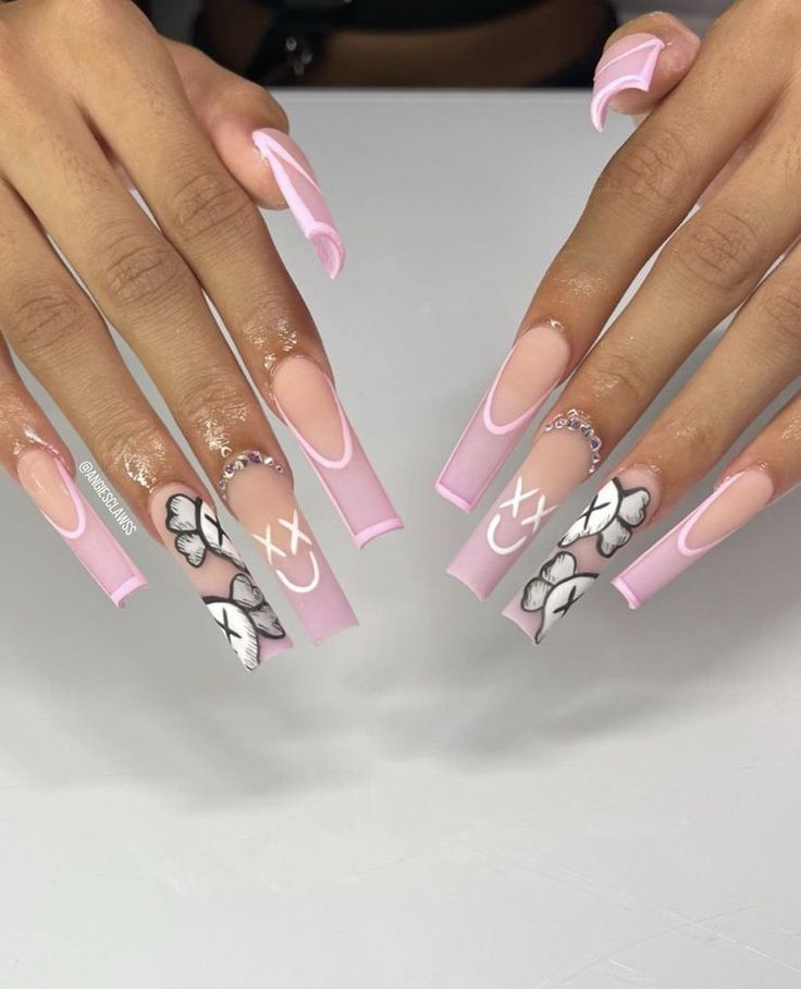 pink kaws nails Long Acrylic Nail Designs, Drip Nails, Colored Acrylic Nails, Dope Nail Designs, Short Square Acrylic Nails, Long Acrylic Nails Coffin, Acrylic Nails Coffin Pink, Long Square Acrylic Nails, Acrylic Nails Coffin Short