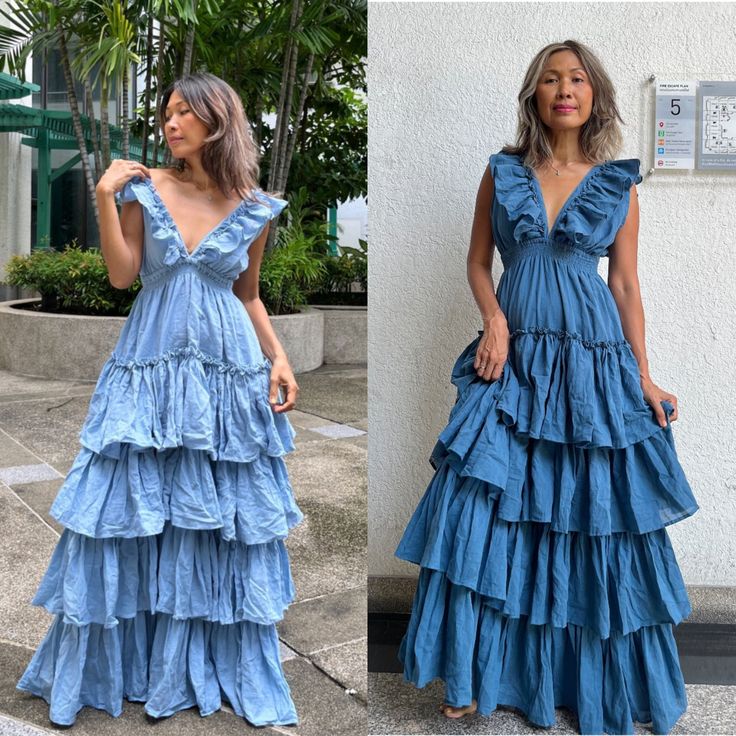 Boho ruffle maxi dress with strings to tie at the back. Elastic waist. 4 layered at the skirt part. Lined. 100% cotton. Color Blue. Measurements: One size will fit US size 2-20 Bust up to 45 inches around. Neck deep 10 inches. (Front) and 13 inches deep in the back. Waist 20 stretch up to 45 inches. Hip up to 54 inches. Length 54 inches. CARE: Machine wash cold. This dress already been wash. Floor-length Ruffled Maxi Dress For Beach, Beach Floor-length Maxi Dress With Ruffles, Floor-length Ruffled Sundress Maxi Dress, Floor-length Ruffles Sundress Maxi, Floor-length Ruffled Sundress, Bohemian V-neck Maxi Dress For Maternity, Tiered Ruffle Maternity Maxi Dress, Bohemian Maternity Maxi Dress With V-neck, Bohemian Tiered Maxi Dress