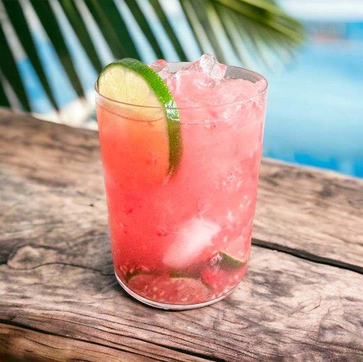 a pink drink with a lime slice on the rim sitting on a wooden table next to a pool