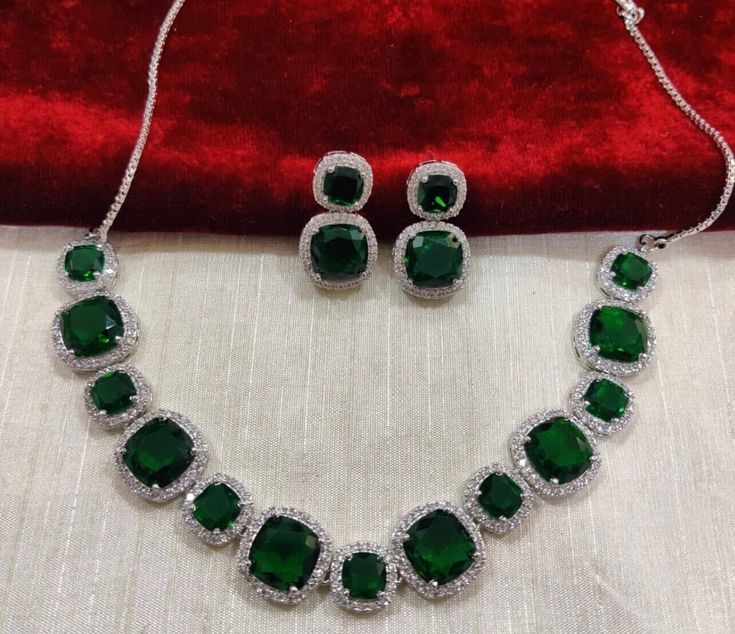 Beautiful AD emerald green necklace Bridal Emerald Jewellery, Round Green Emerald Necklace With Jewels, Green Pendant Jewelry Sets Hand Set, Green Hand Set Pendant Jewelry Sets, Green Jewelry Sets As A Gift, Green Emerald Jewelry Sets, Green Jewels Jewelry For Formal Occasions, Formal Green Emerald Necklace With Jewels, Hand Set Emerald Necklace As Gift