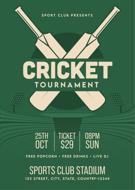 the cricket tournament poster with two bats and ball on green background, for sports club