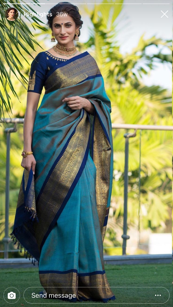 Kanjeevaram Blouse Back Designs, Green Saree With Blue Border, Silk Saree Kanchipuram Indian Bridal, Dark Blue Saree Contrast Blouse, Blue Kanjivaram Saree Silk, Sarries Design Latest, Wedding Sarees South Indian Latest, Tamil Saree Look, Shilpa Reddy Saree