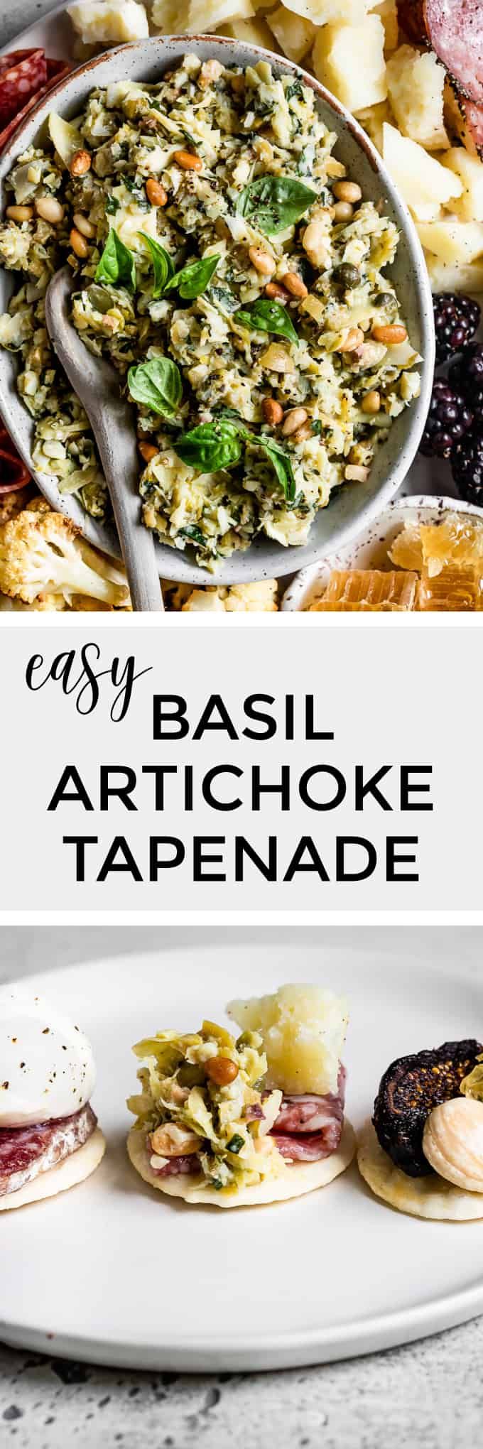 the cover of easy basil artichoke tapenade is shown in three different images