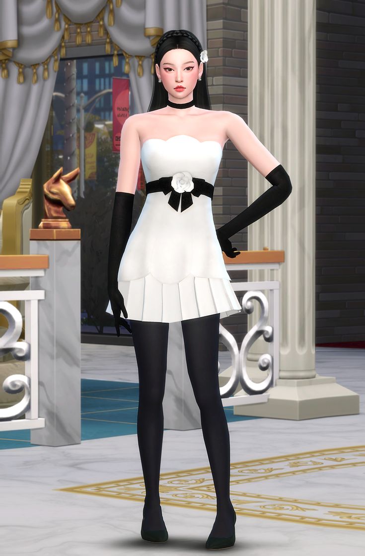 a woman in a white dress and black gloves