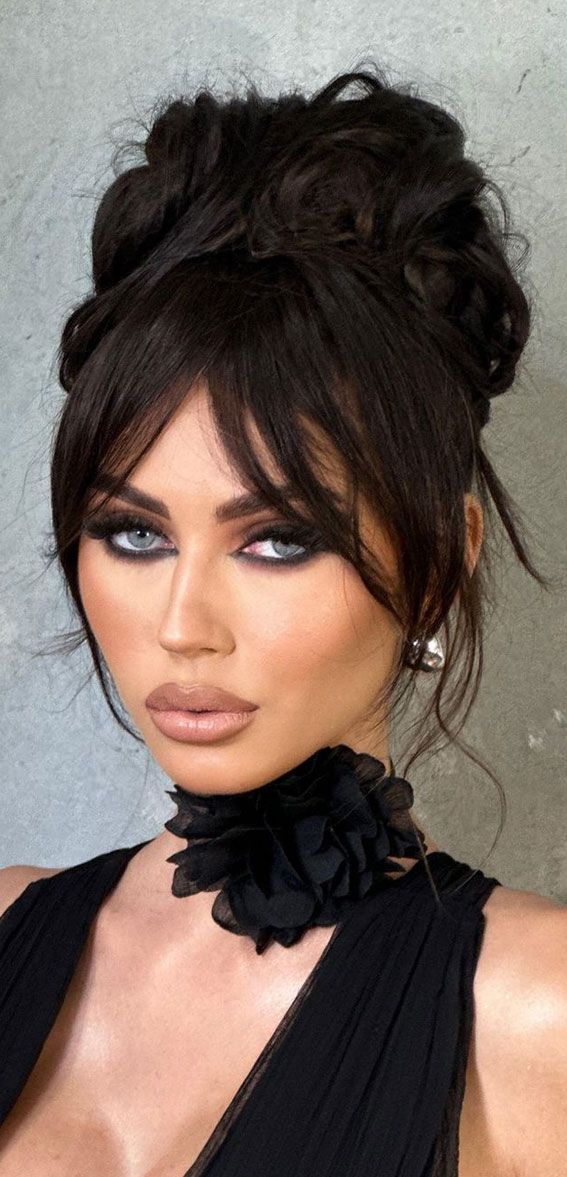 chic updo, hairstyle ideas, wedding hairstyle, 90s vibe updos, wedding updo, updos, trendy updos, bridal hairstyle, bridal updos, messy updo, simple updo, trendy messy updo, wedding hairstyle trends Updos Dark Hair Wedding, Messy Elegant Ponytail, Creative Black Tie For Women Hair, Short Bangs Updo, Elegant Bun Black Women, Bridget Bardot Updo, Up Do Dark Hair, Roaring Twenties Hairstyles, Sleek Hairstyles Updo