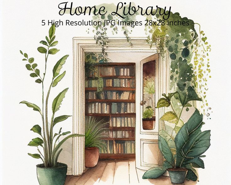 a watercolor book cover with plants and bookshelves in front of an open door