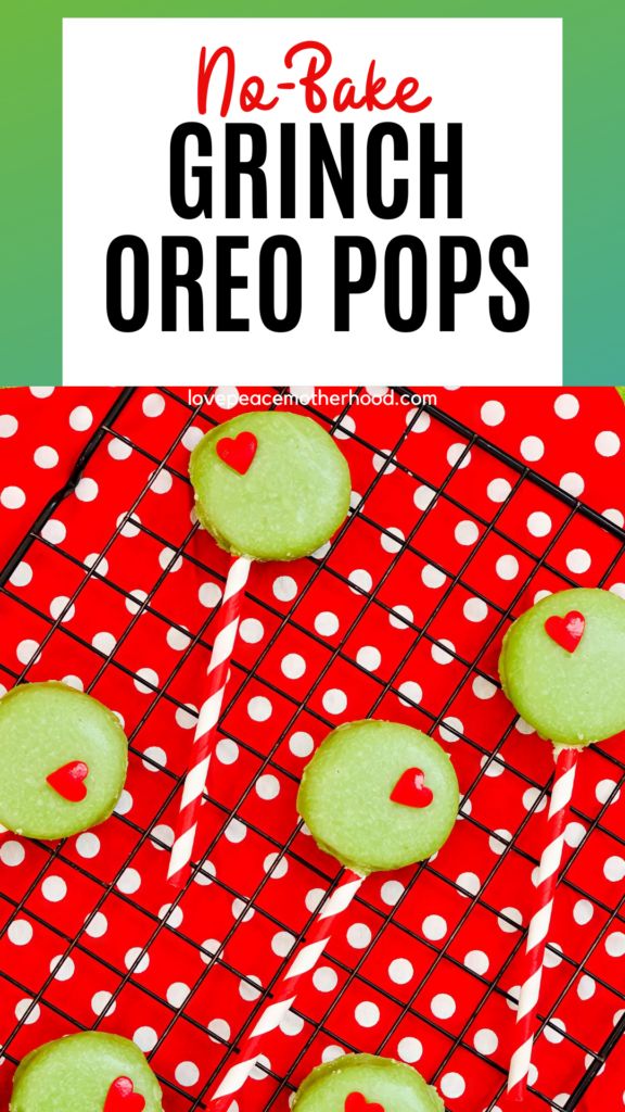 green oreo pops on a red and white checkered tablecloth with text overlay