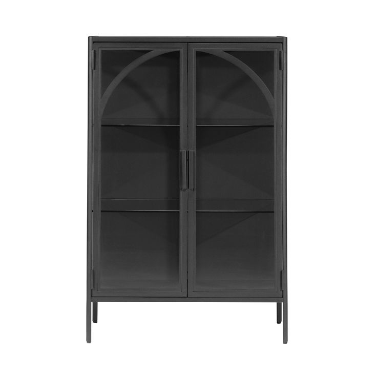 a black bookcase with glass doors on the front and bottom shelves, against a white background