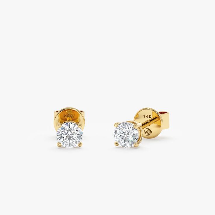 Minimalist Natural diamond earring studs with 4-prong setting in solid gold. Luxury Yellow Gold Diamond Earrings With Single Cut, Luxury Yellow Gold Diamond Earrings With Single Cut Diamonds, Luxury Yellow Gold Brilliant Cut Diamond Earrings, Luxury Yellow Gold Diamond Earrings With Brilliant Cut, Luxury Brilliant Cut Yellow Gold Diamond Earrings, Luxury Diamond Cut Yellow Gold Diamond Earrings, Luxury Yellow Gold Diamond Cut Earrings, Gold Diamond Earrings With Single Cut Lab Grown Diamonds, Yellow Gold Diamond Earrings With Single Cut Diamonds