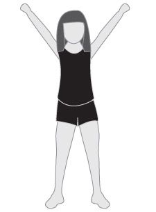 a woman standing with her arms up and hands in the air while wearing black shorts