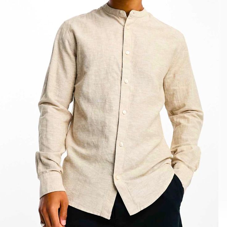 Brand New Without Tags. Linen-Blend, Collarless Button-Shirt. Lightweight Material. Casual Beige Top With Buttons, Beige Long Sleeve Button Shirt, Casual Beige Long Sleeve Shirt, Beige Relaxed Fit Top With Buttons, Beige Button-up Top With Placket, Casual Top With Stand Collar And Button Closure, Casual Stand Collar Top With Placket, Casual Tops With Button Closure And Stand Collar, Casual Tops With Stand Collar And Placket