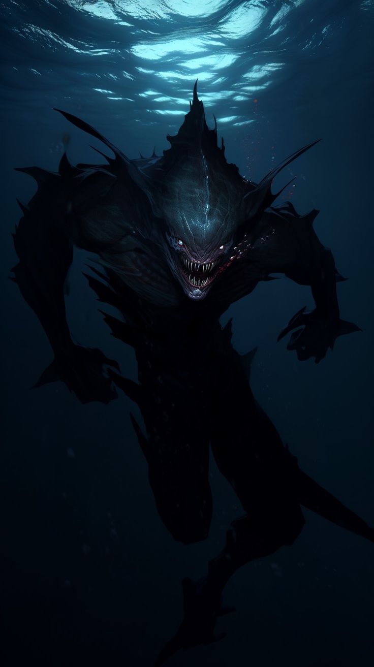 an underwater creature with its mouth open and teeth out, in the dark blue water