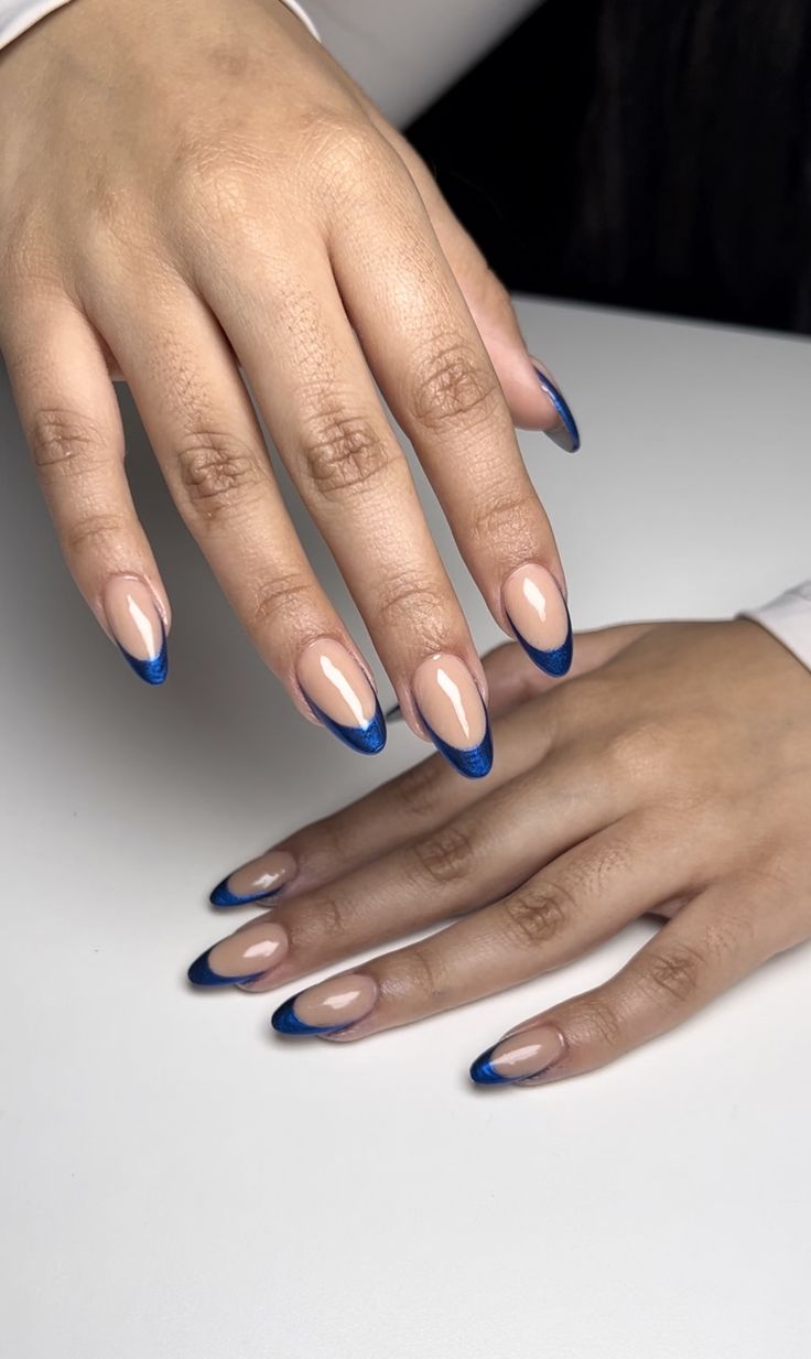 Navy Blue Chrome Nails French Tip, Sparkly Blue French Tip Nails Almond, Almond Biab Nails Designs, Navy Blue Chrome French Tip Nails, Navy Chrome French Tip Nails, Dark Blue Chrome Nails French Tip, Dark Blue French Tip Nails Almond, Chrome Blue French Tip, Blue Crome Nails French