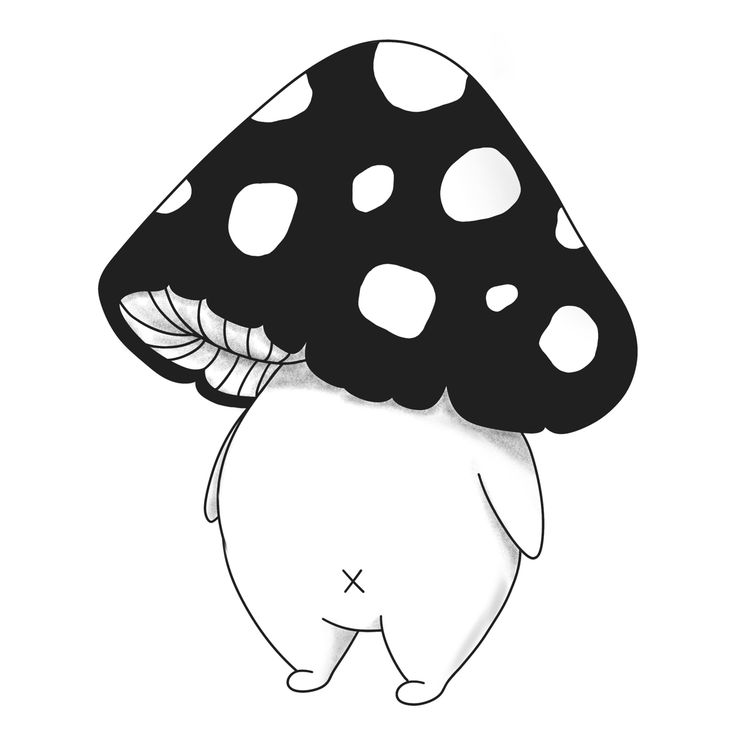 a black and white drawing of a mushroom with spots on it's head, standing in front of a white background