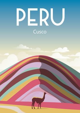 a poster for peru with a llama in the foreground