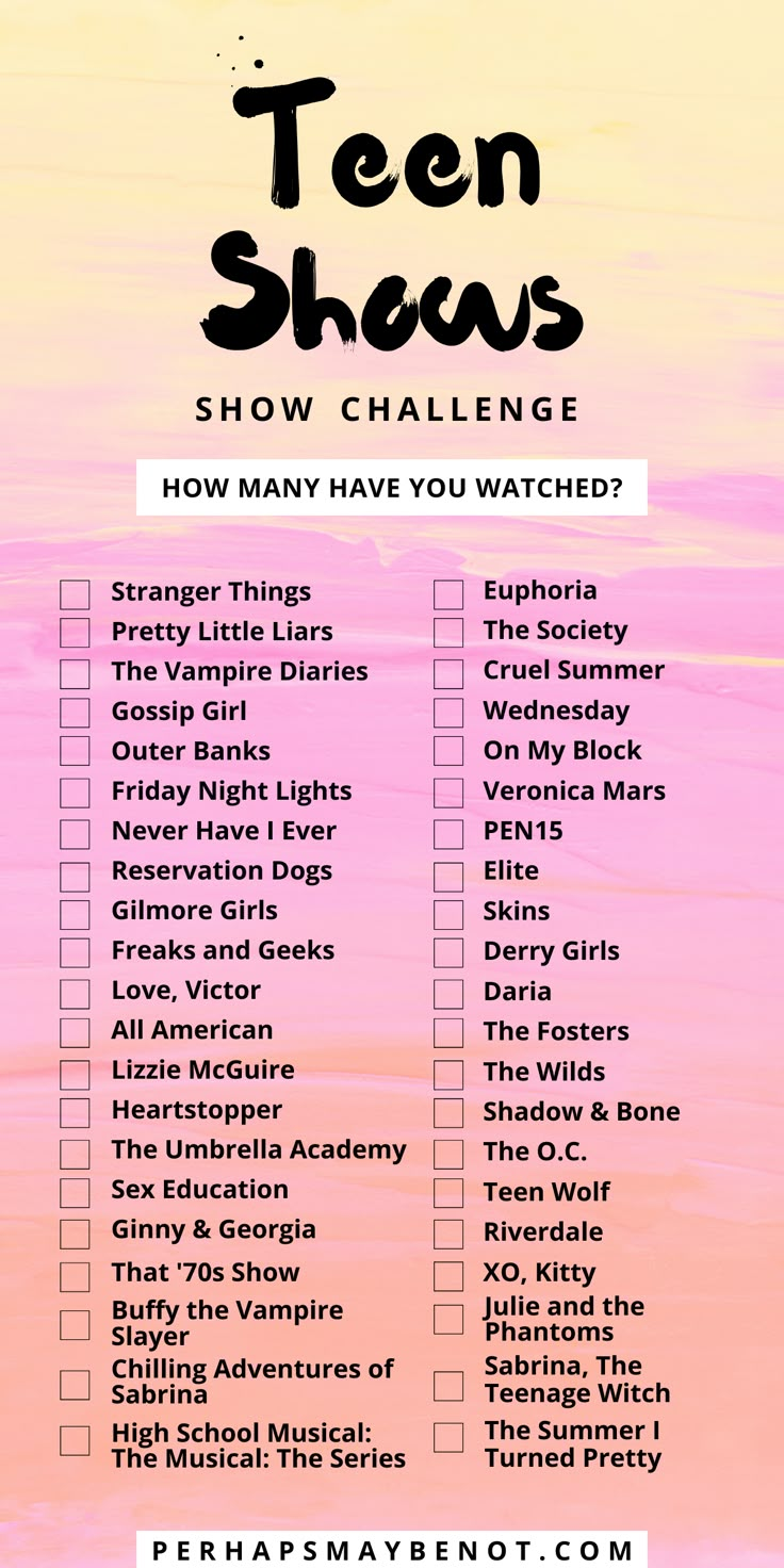 the teen shows show challenge is shown in pink, yellow and orange with text overlay