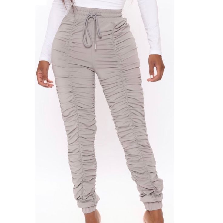 Ruched Tie Waste Pant In Grey Nwt Fitted Bottoms With Gathered Waist For Spring, Summer Ruched Bottoms For Loungewear, Summer Ruched Loungewear Bottoms, Casual Fitted Pants With Ruched Sides, Trendy Fitted Pants With Drawstring, Chic High Waist Ruched Pants, Chic Stretch Bottoms With Ruched Sides, Chic Bottoms With Ruched Sides And Stretch, Casual Pants With Ruched Sides For Spring