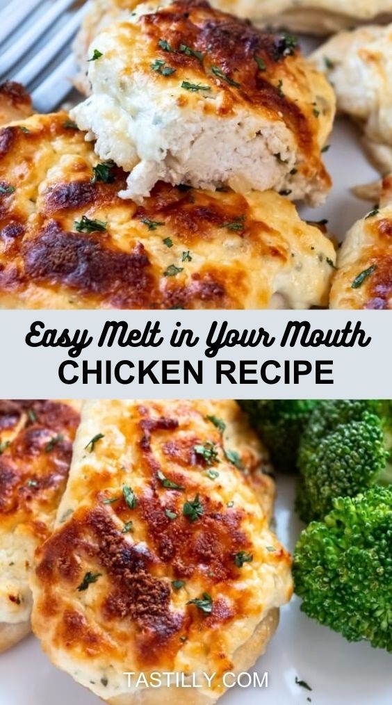 two pictures of chicken and broccoli on a plate with the words easy melt in your mouth chicken recipe