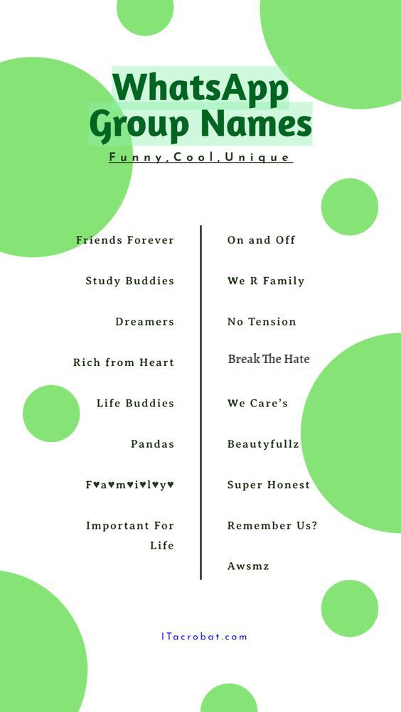 whatsapp group names are in the green circles on this white background with black dots