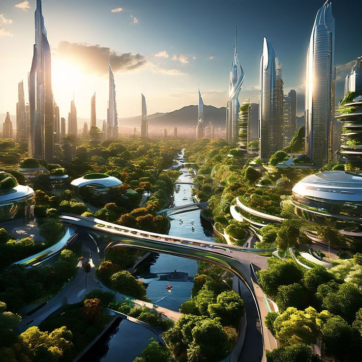 an artist's rendering of a futuristic city surrounded by trees and water with skyscrapers in the background