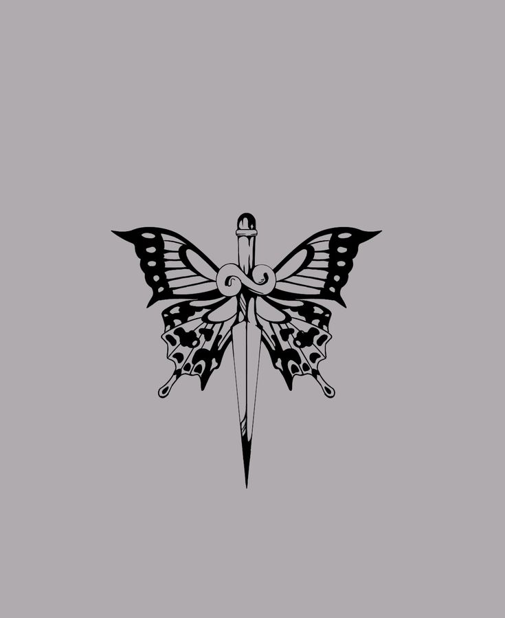 a black and white drawing of a butterfly with a knife in it's wings