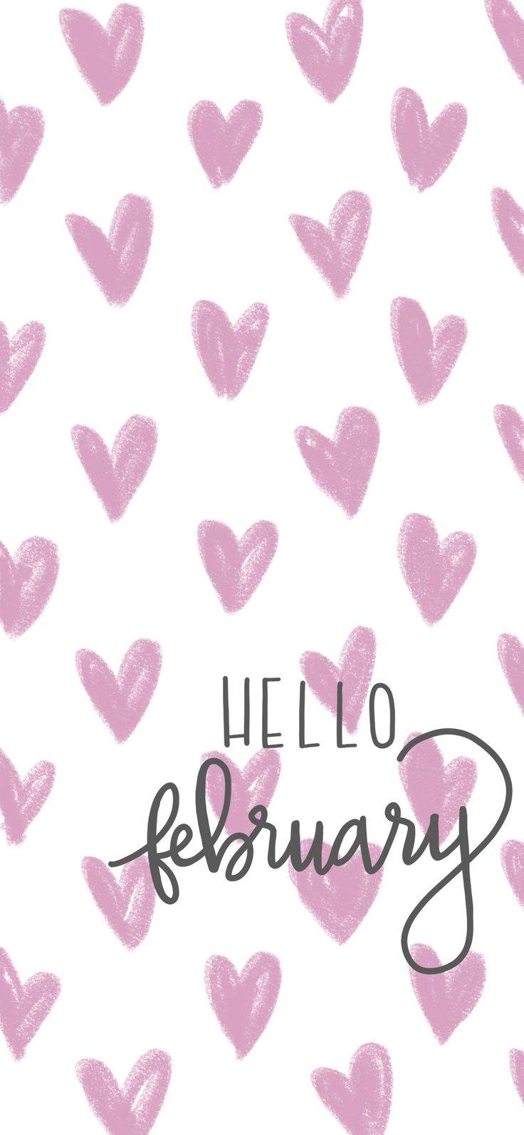 the words hello february written in black ink on a white background with pink hearts