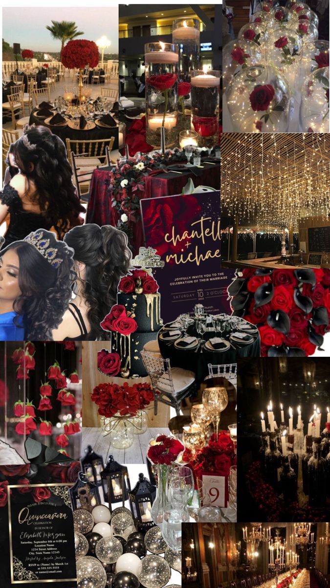 a collage of red and black wedding decorations, flowers, candles, and pictures