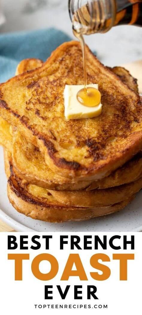 the best french toast ever is served on a white plate with syrup being poured over it