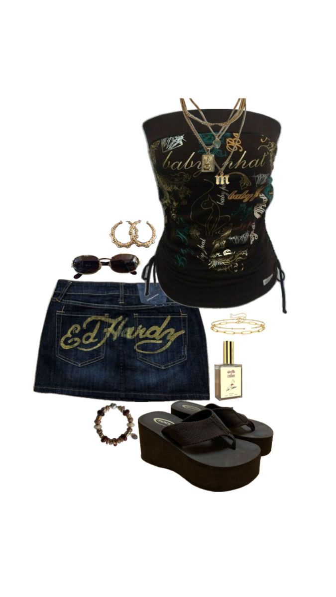 Ed hardy, ed hardy skirt, 00s, 2000s, mini skirt, tube top, brown, brown tube top, flip flops, platform, platform flip flops, gold, gold jewellery, sunglasses Ed Hardy Outfit, Brown Tube Top, 2000s Ed Hardy, 2000s Mini Skirt, Flip Flops Platform, Tube Top Outfits, Mcbling Fashion, Trashy Outfits, 2000s Outfits