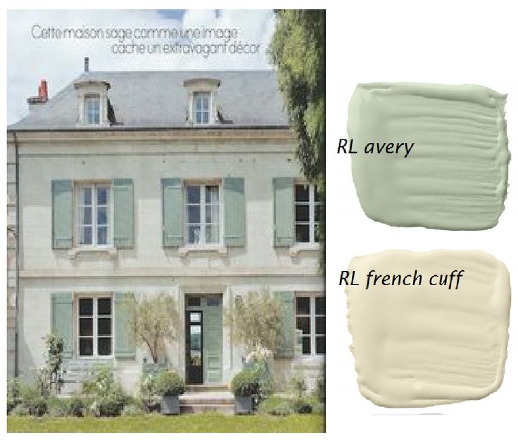 the exterior of a french country house with green shutters and white paint swatches