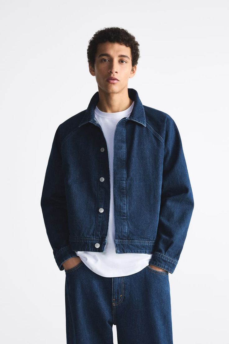 Fitted Denim Jacket, Denim Jacket Men, Denim Jackets, Workout Jacket, Zara United States, Lapel Collar, Welt Pocket, Raglan Sleeve, Mens Jackets