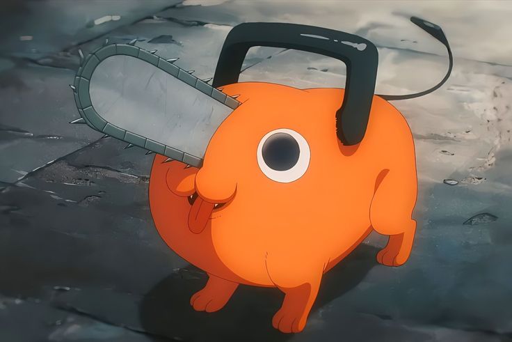 an orange cartoon character holding a chainsaw in his right hand and looking at the camera