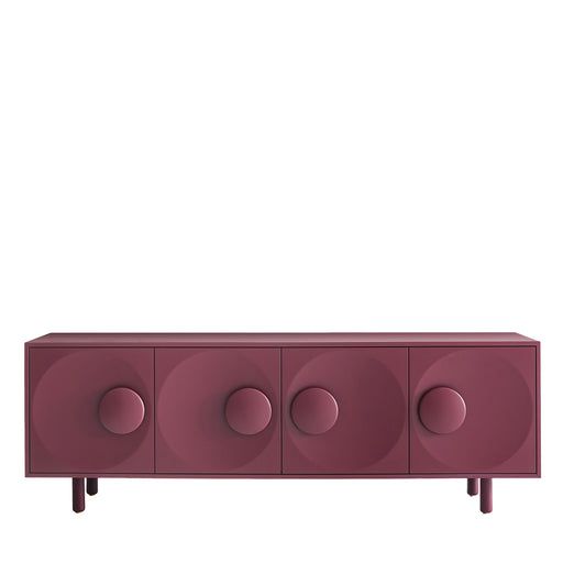 a purple cabinet with three round knobs on the front and two circles on the back