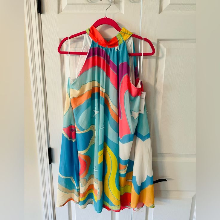 Never Worn. Size Large. Multicolor A-line Sundress For Vacation, Multicolor A-line Sundress, Vibrant Print A-line Beach Dress, Multicolor Sleeveless Sundress For Party, Multicolor A-line Midi Dress For Beach, Vibrant Spring Dresses With Multicolor Print, Vibrant Multicolor Print Dress For Spring, Vibrant Multicolor Dress For Day Out, Multicolor Sleeveless Mini Dress For Summer